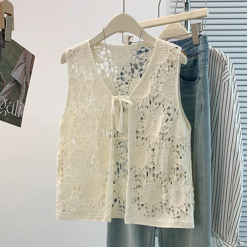 Tie Front Crochet Cardigan Floral Embroidered Guipure Lace Blouse Sleeveless Open Knit Tie-Up Waistcoat Summer Tops Beach Boho