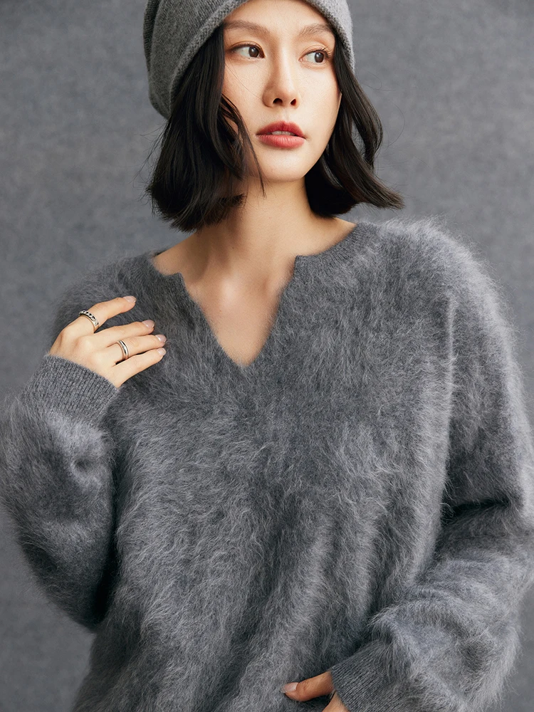

TLOML New Women 100% Plush Cashmere Sweater V-neck Pullover Soft Warm High Quality Cashmere Knitwear Brushed Cashmere Knit Tops