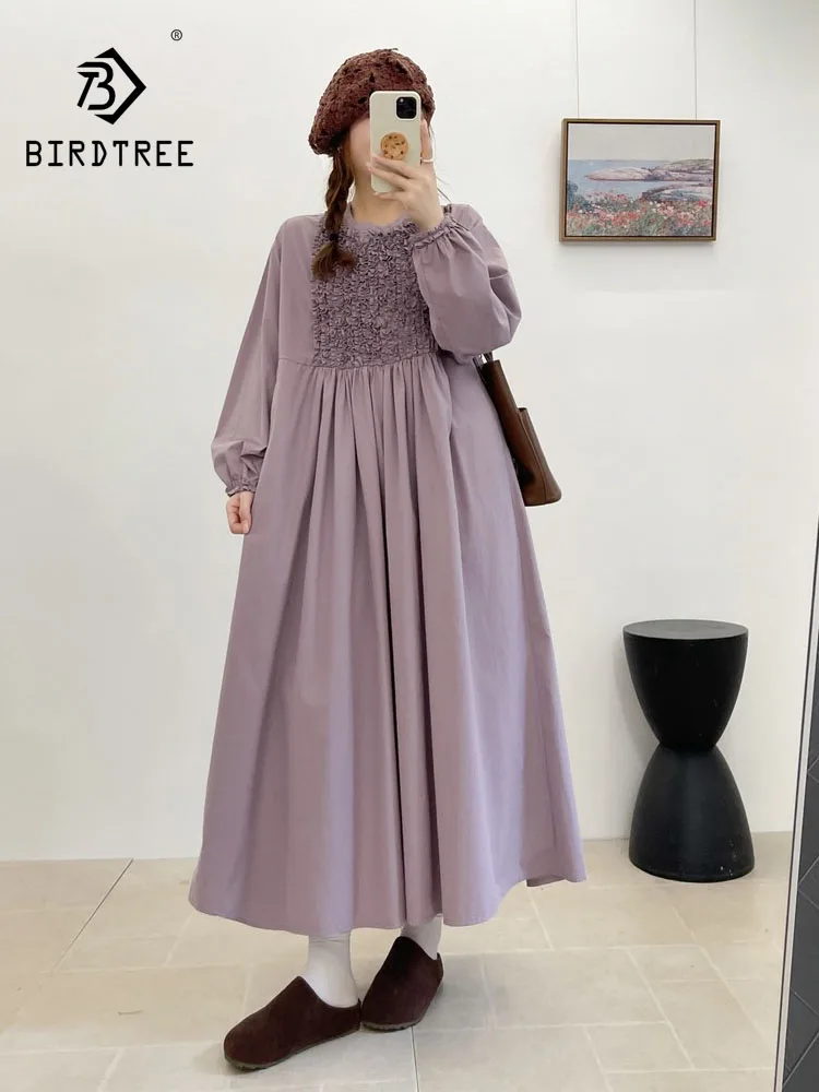 New 2026 Autumn Women Cotton Blended Long Sleeve Dresses, O Neck Ruffles, Mori Girl Preppy Style INS Loose A-line Dress D68626CC