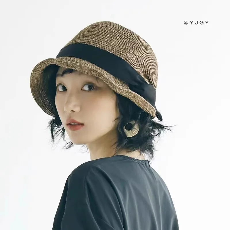 Elegant Straw Cloche Bucket Hat Irregular Pleated Design Side Bow Decoration Women Summer Outdoor Fashion Fisherman Sun Cap