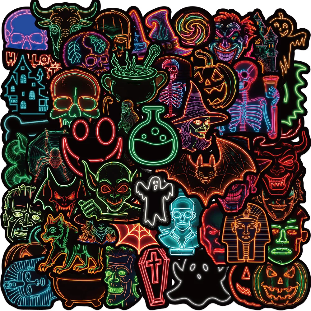 50PCS Neon lights Halloween Stickers Japanese Style Aesthetic Pumpkin Harajuku Cartoon Happy Halloween Paper Wall Room Bar Decor