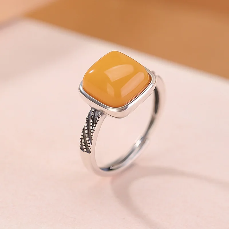 

Amber S925 Sterling Square Twisted Geometric Silver Ring Versatile Style