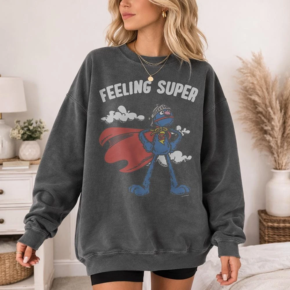 Sesame Street Super Grover Officially Licensed Adult Oversized T-Shirt and Crewneck Sweatshirts