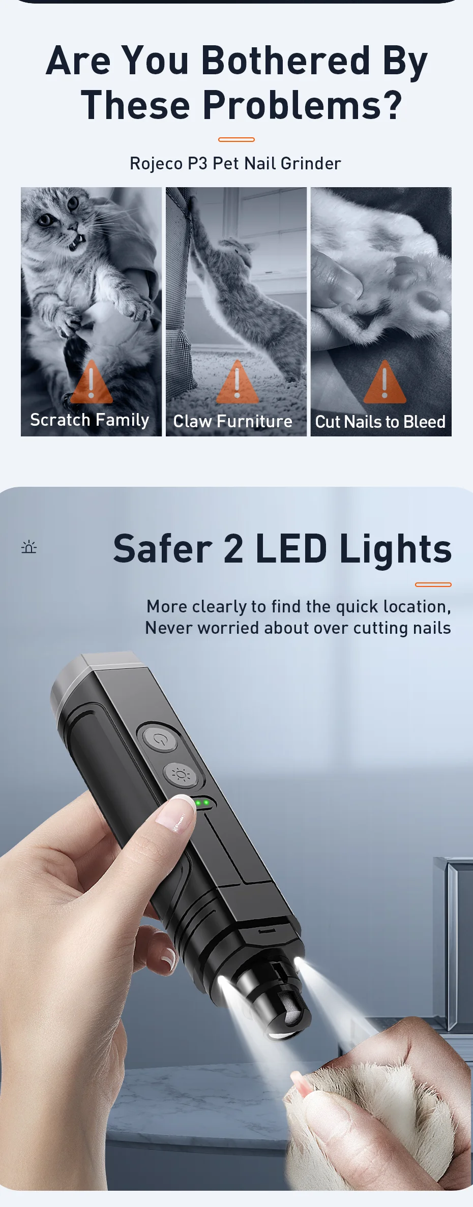 ROJECO P3 Elektrischer Nagelschleifer für Haustiere, professioneller Nagelknipser für Hunde + 2 LED-Licht, wiederaufladbares Nagelpflegezubehör für Katzenklauen – Detail 2