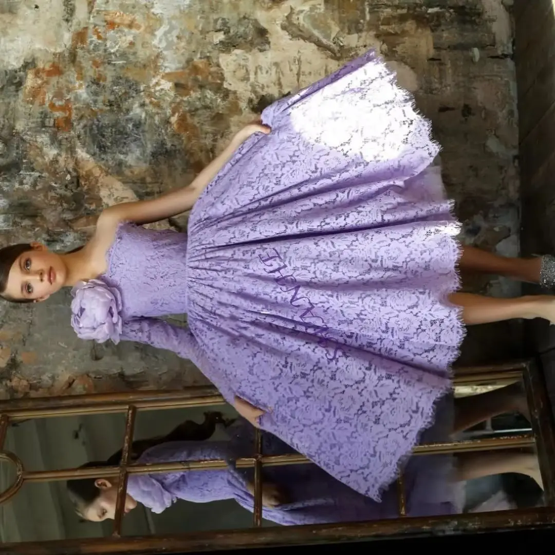 

Customized Lilac Girl Dress One Shoulder Flowers Champagne Princess Children Wedding Birthday Party Long Sleeve Ball Gown