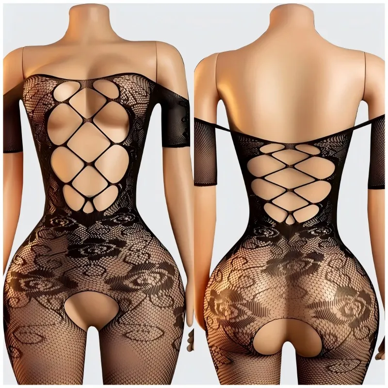Off Shoulder Open Crotch Underwear Babydolls Fishnet Hollow Bodystocking Sexy Crotchless Lingerie Women Erotic Baby Doll Dresses image 2