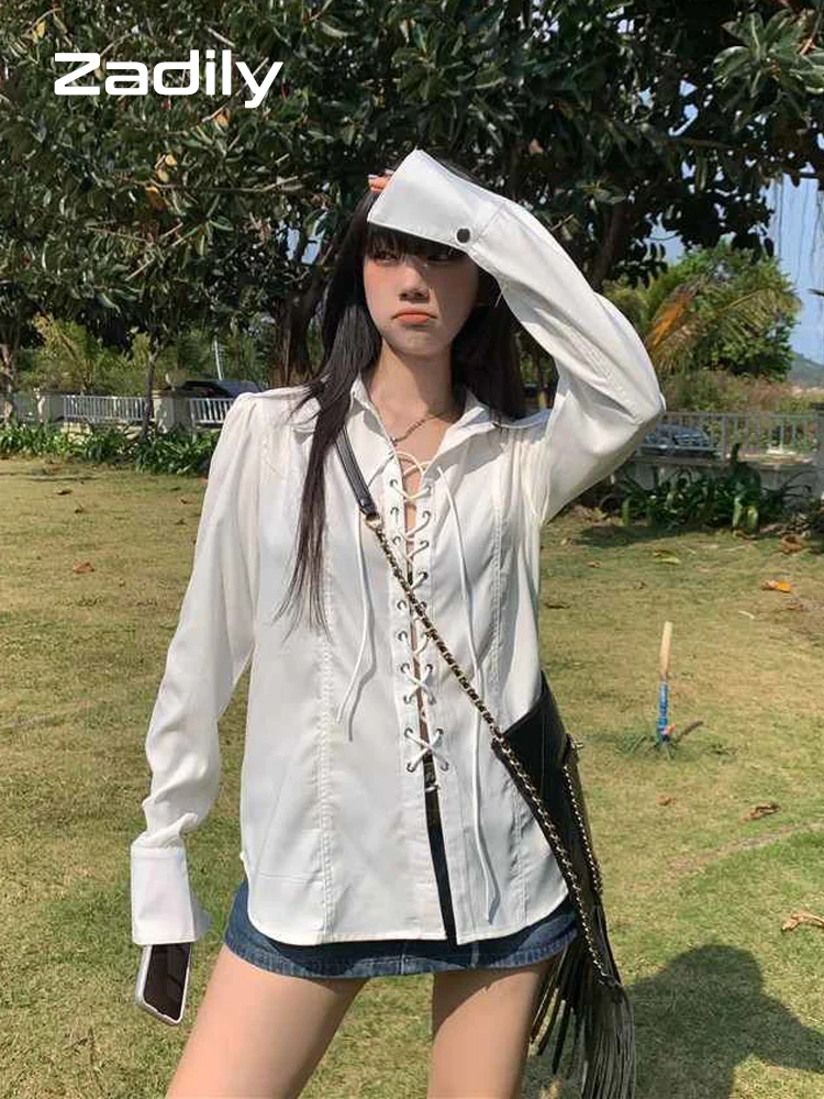 Zadily Long Sleeve Gothic Shirt for Women Oversize White Shirt, Punk Corn Eye Blouse New Female Tunic Clothing Top Summer 2024