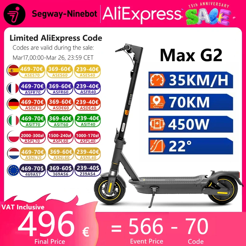 EU Stock Ninebot By Segway Max G2 Smart Electric Scooter 35KM/H Max Speed 70KM Range 450W Motor Original G2 Kickscooter