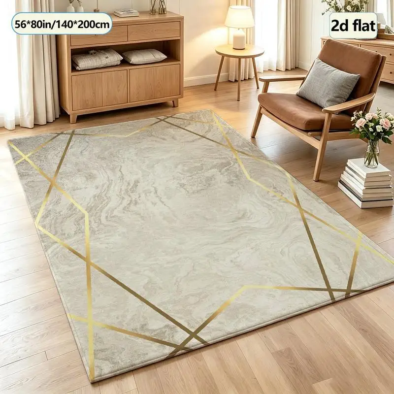 Beige Marble Gold Polygonal Geometric Carpet Square Rug Suitable for Modern Minimalist Home Floor Decoration
