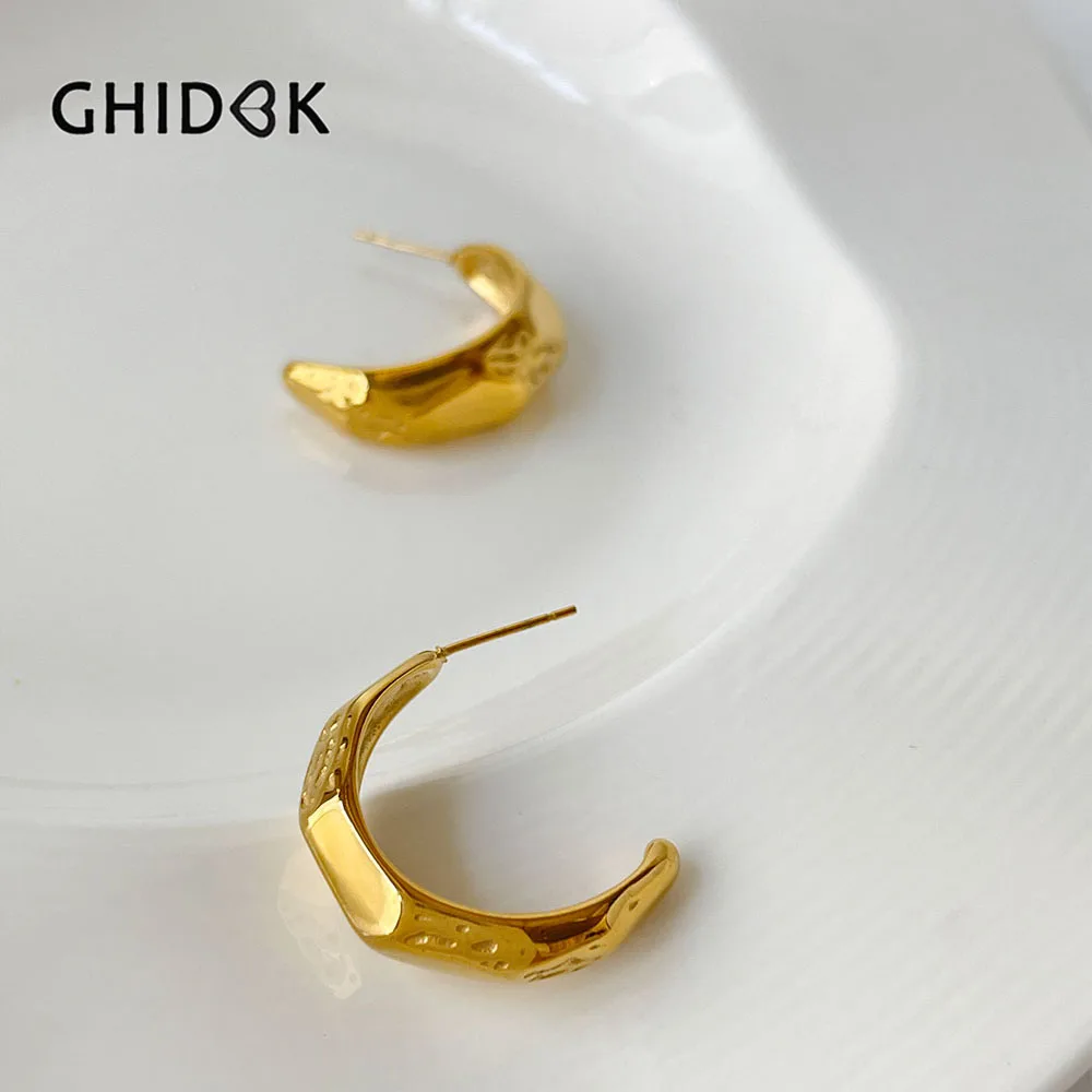 Ghidbk Stainless Steel Bold Gold Pvd Plated Chunky Irregular Hammered Hoop Earrings Statement Large Thick Jewelry Wholesale