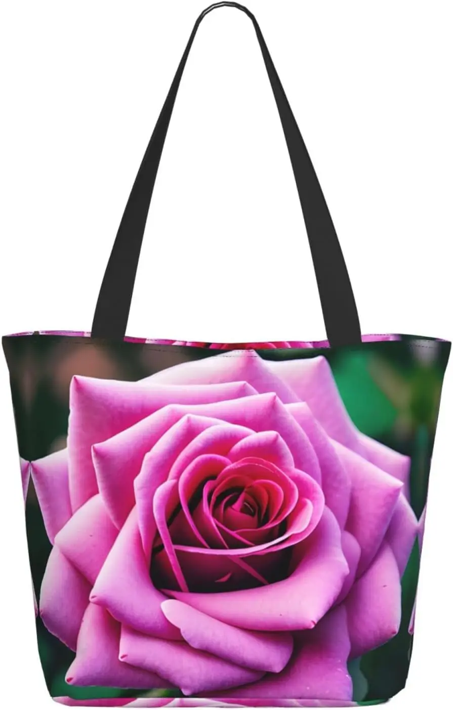 Purple Rose Flower Tote Bag with Zipper for Women Inside Mesh Pocket Heavy Duty Casual Anti-water Cloth Shoulder Handbag Outdoor