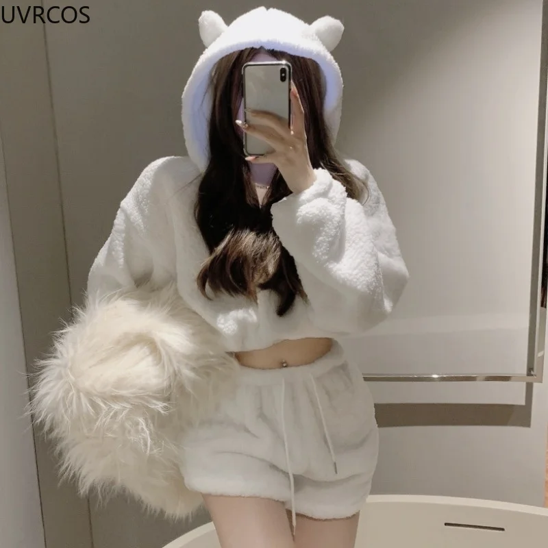 Autumn Winter Sweet Women\'s 2 Pieces Set Kawaii Plush Bear Hooded Coat High Waist Shorts Girly Harajuku White Sportswear Outfits