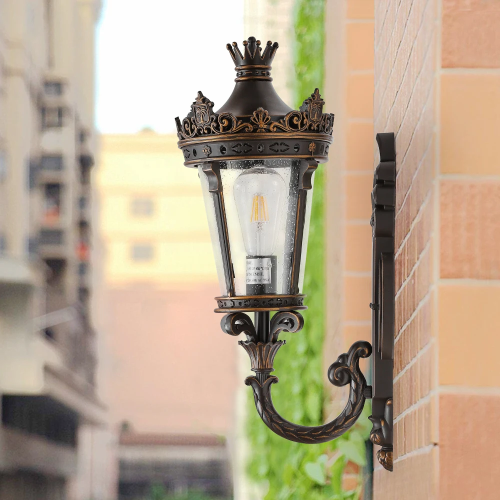 Vintage Outdoor Wall Lantern, Waterproof Exterior Wall Sconce with Crown Top and Clear Glass, Outdoor Lighting Fixture