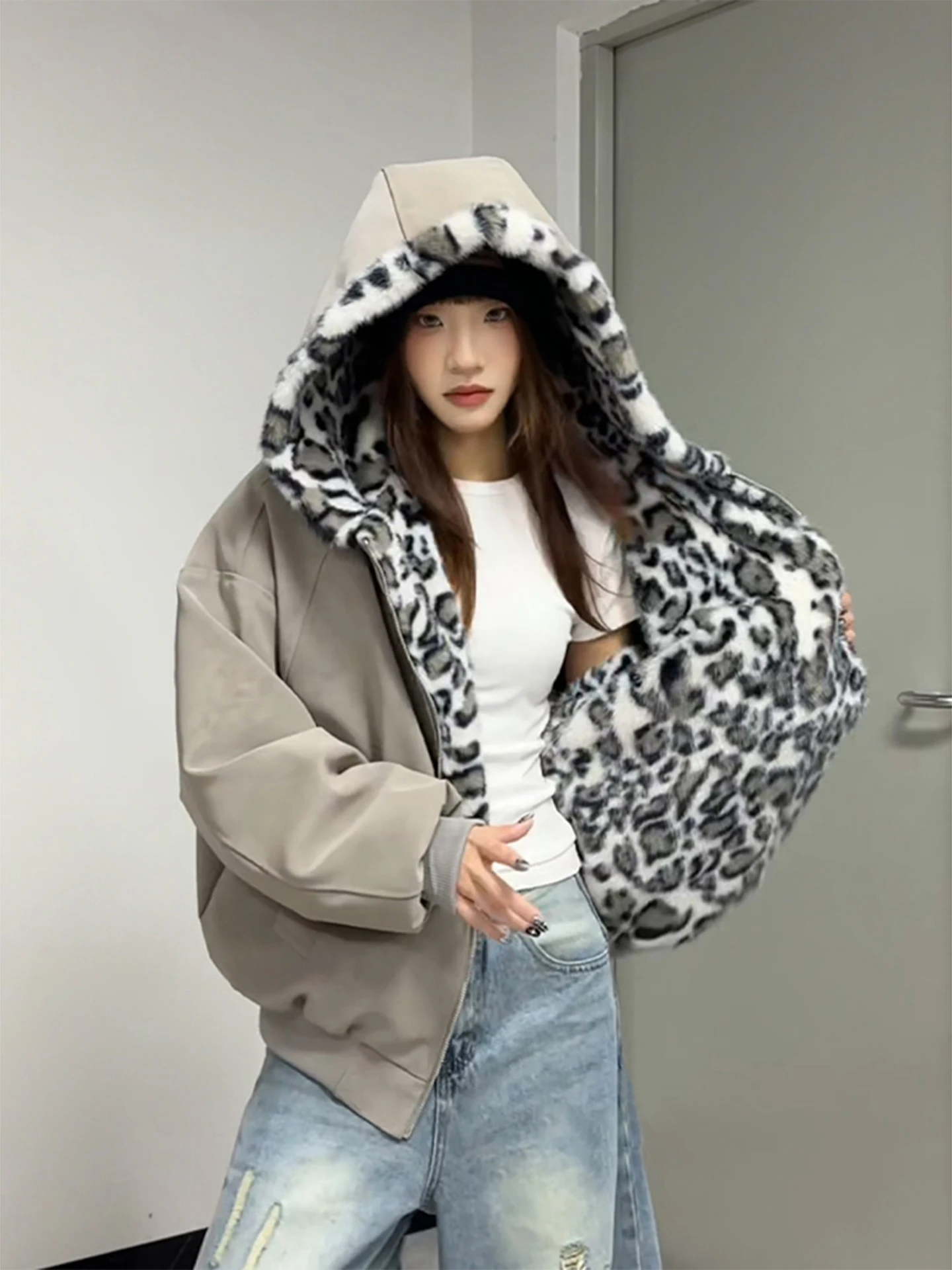 

Двусторонняя зимняя куртка из хлопка с флисовой подкладкой для мужчин, с узором «Снежный леопард», не объемная, приталенного кроя, удлиненная