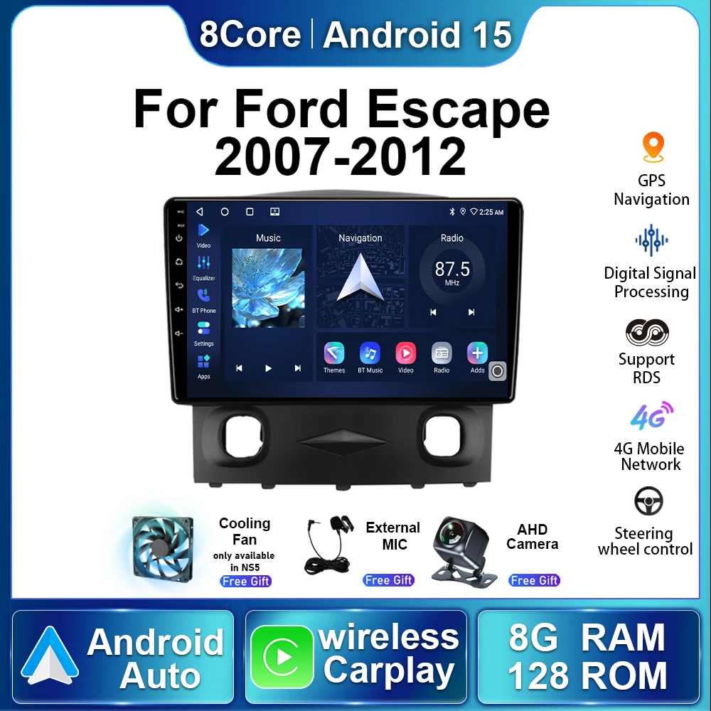 راديو السيارة Android15 السيارات لفورد إسكيب 1 2007-2012 الوسائط المتعددة ستيريو مشغل فيديو الملاحة لتحديد المواقع 5G وحدة رئيس Carplay اللاسلكية
