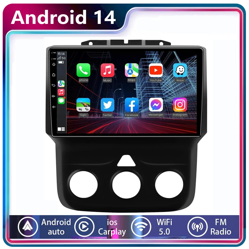 2DIN Android 14 Radio, untuk Dodge RAM 1500 2500 2013-2018 mobil stereo pemutar Multimedia Carplay navigasi GPS otomatis DSP RDS