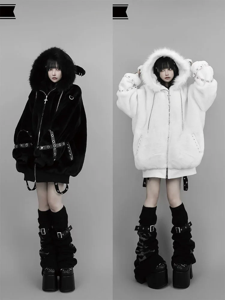 Kawaii Vintage Gothic Lolita Coat Women Harajuku Y2k Bear Ears Hooded Loose Plush Jacket Ropa Mujer Girls Sweet Warm Outwear