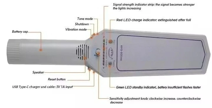 Handheld stainless steel, metal detector with handheld smart sensor, operating frequency 7 KHz