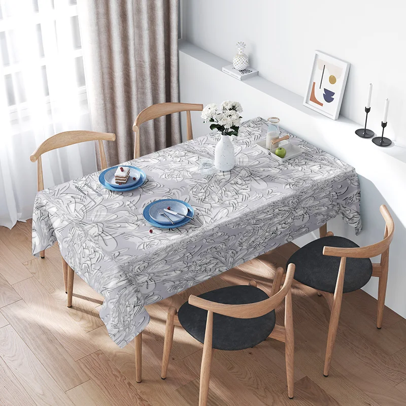 Modern Dining Table DecorFloral Print Rectangular Cotton Linen Cover for Home Decoration Grey White with Forks Plates Included