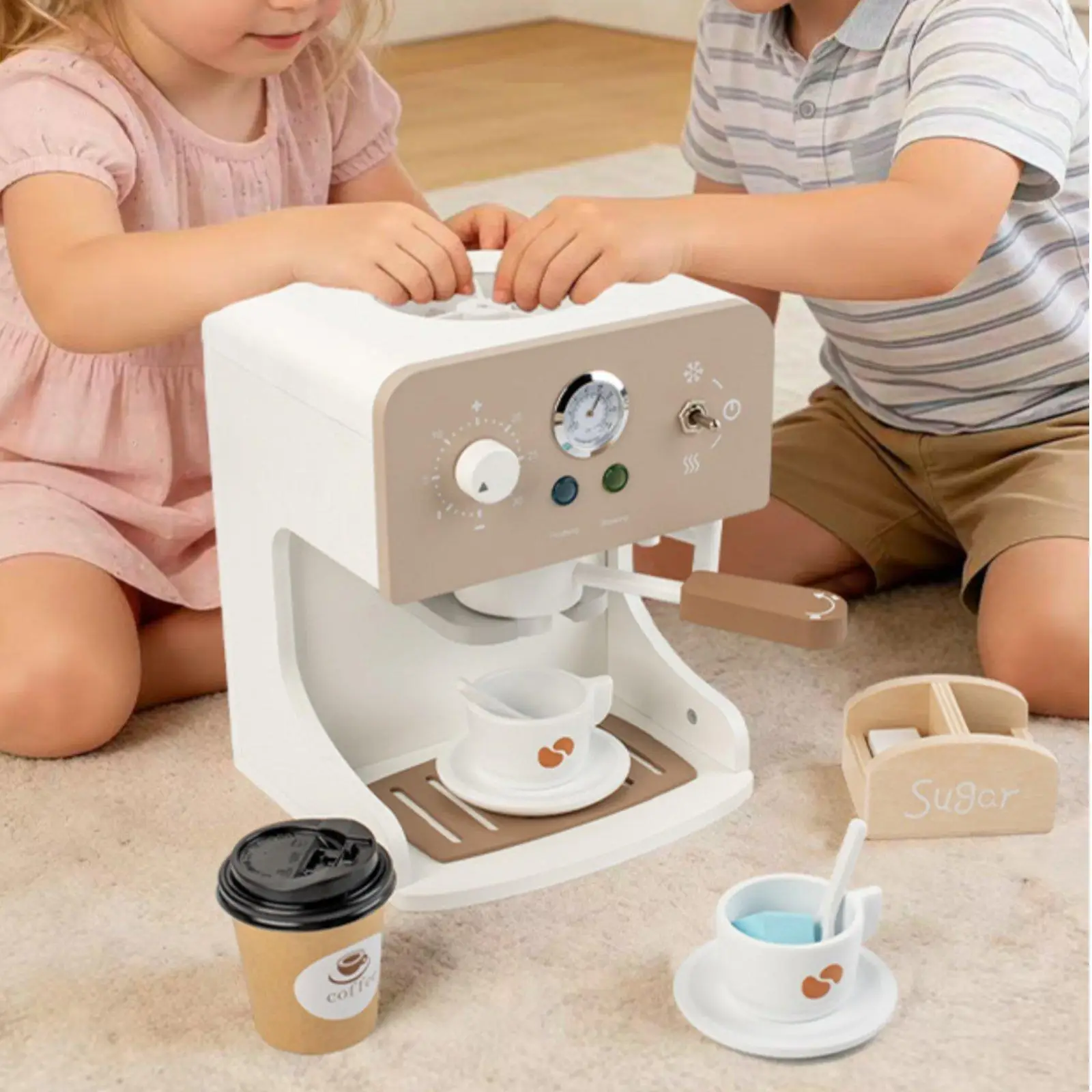 Wooden Coffee Machine Toy Rich Accessories Included Wooden Toy Coffee