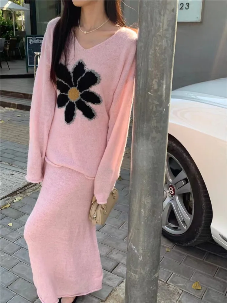 Chrysanthemum Jacquard V-neck Loose Sweater A-line Long Skirt Set 2024 Autumn Winter Pink Knit Pullovers Top Fashion 2 Piece Set