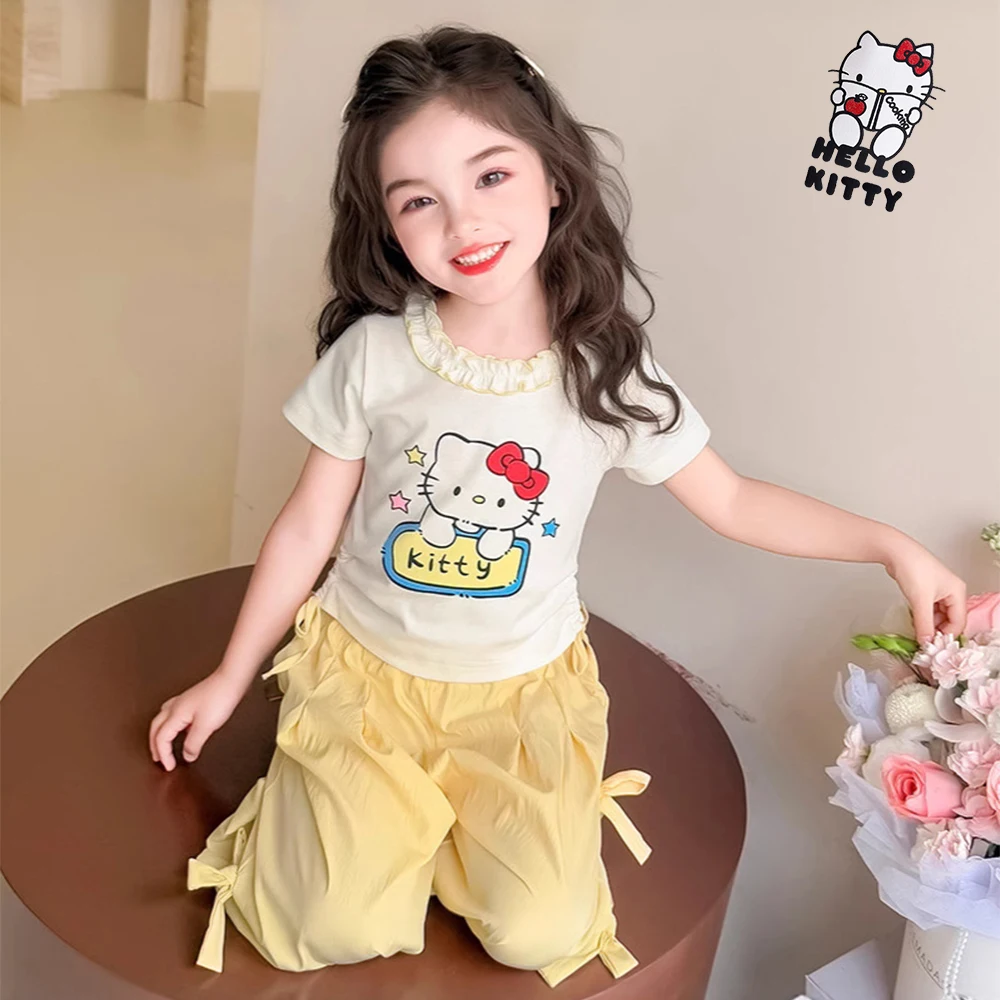 

2Pcs Kawaii Anime Child Girl Set Summer Short Sleeve Pants Sanrio Cartoon Hello Kitty Cute Sweet Kuromi Fashion Style Versatile