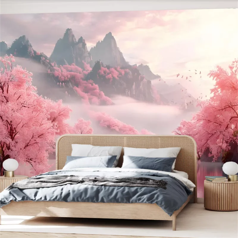 

Customized Size Mural Mountain Lake Bird Wallpaper Natural Landscape Pink Cherry Blossom Tree Decoration Painting 3d wallpaper