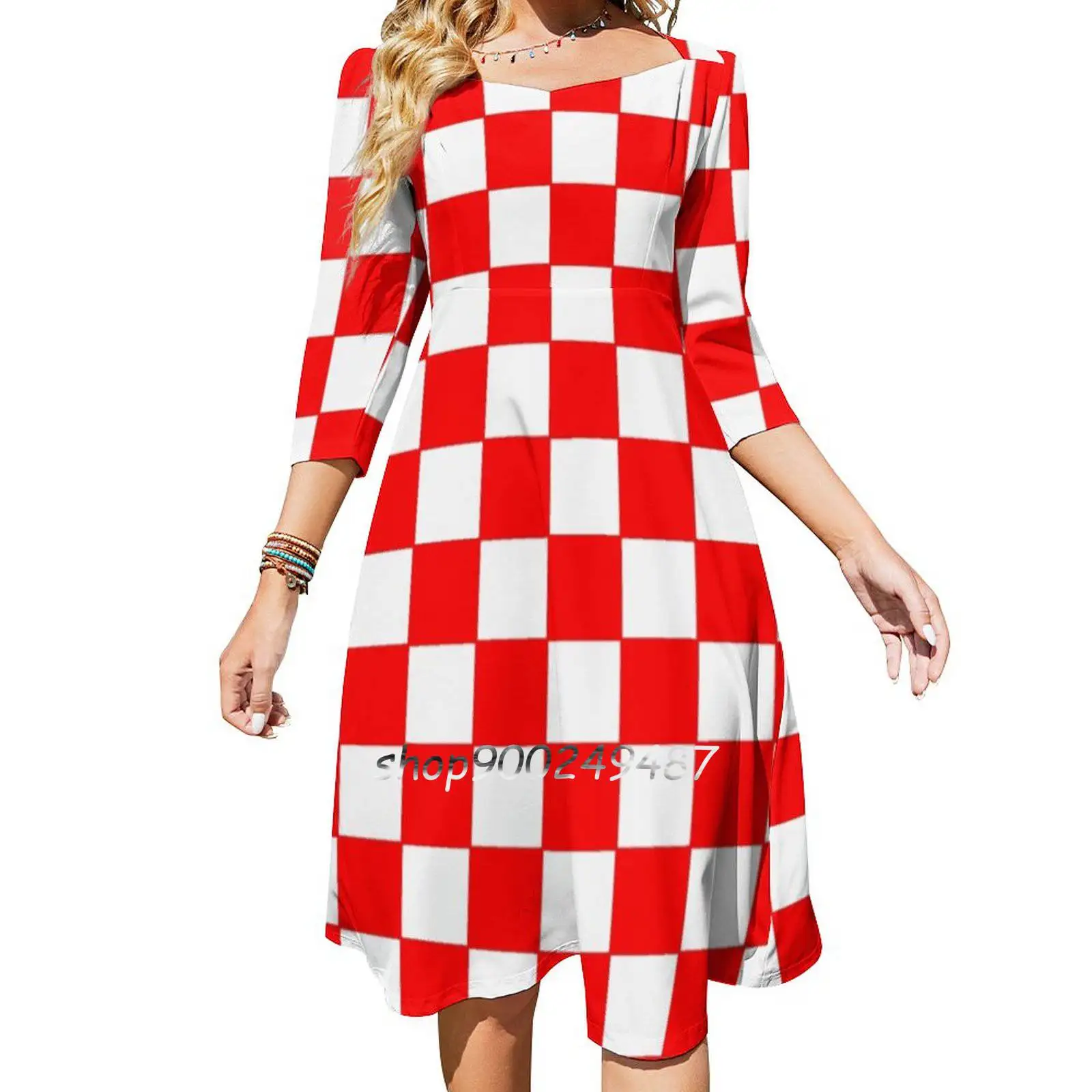 Checkers-Red And White Sweetheart Knot Flared Dress Fashion Design Large Size Loose Dress Checkers Checkerboard Checker Pattern