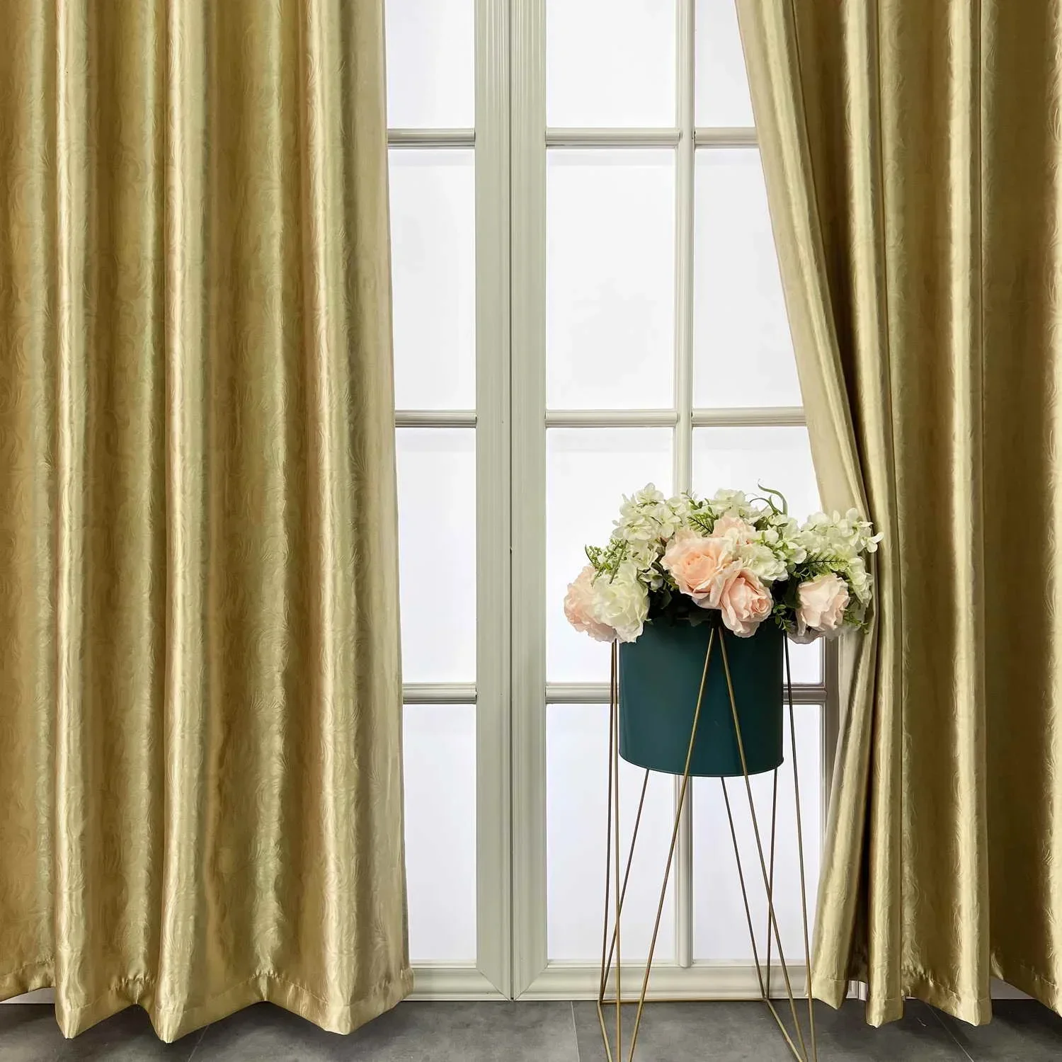 Golden European Jacquard Blackout Curtains ,Leaf Embossed Botanical Thermal Insulated Window Treatment For Living Room Decor