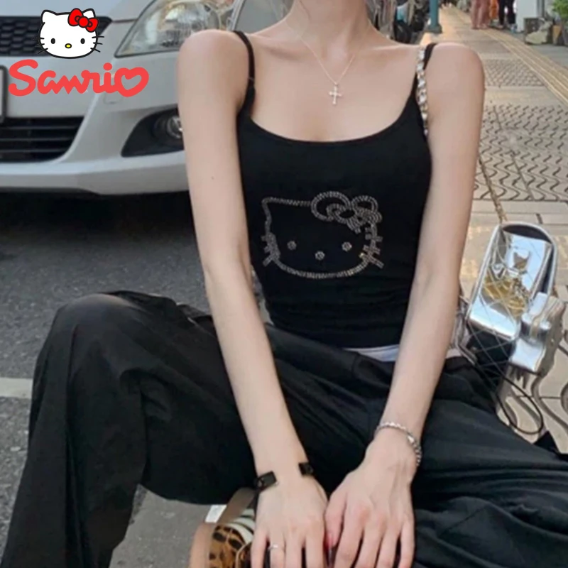 Hello Kitty Sanrio Tanks Top Sexy Backless Women Skinny Crop Tops Cartoon Y2k with Diamonds Cute Streetwear Women Camis Gift