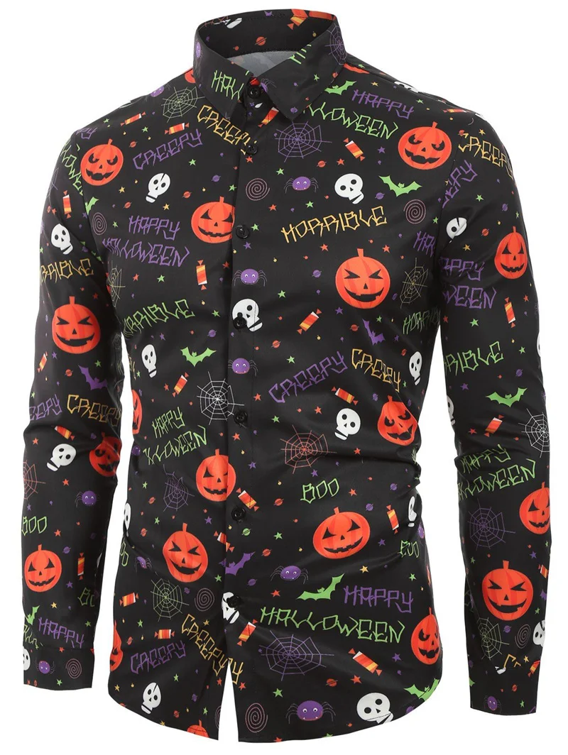 Halloween 3D Printed Men\'s Long Sleeve Shirt Autumn/Winter Horror Pumpkin Head Pattern Fashion Party Oversized Button-down Shirt