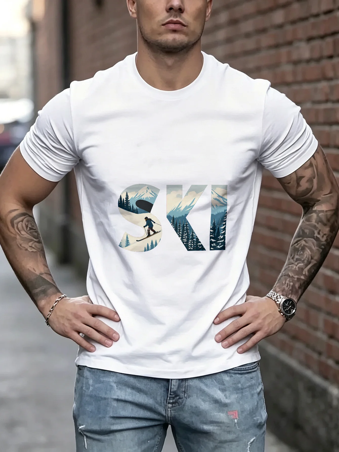 Unisex Ski Mountain Graphic TShirt, Cool Winter Sports Tee, Casual Streetwear Style, Comfortable Round Neck Top for Skiing Enthusiasts and Snow Lovers, Gift Idea