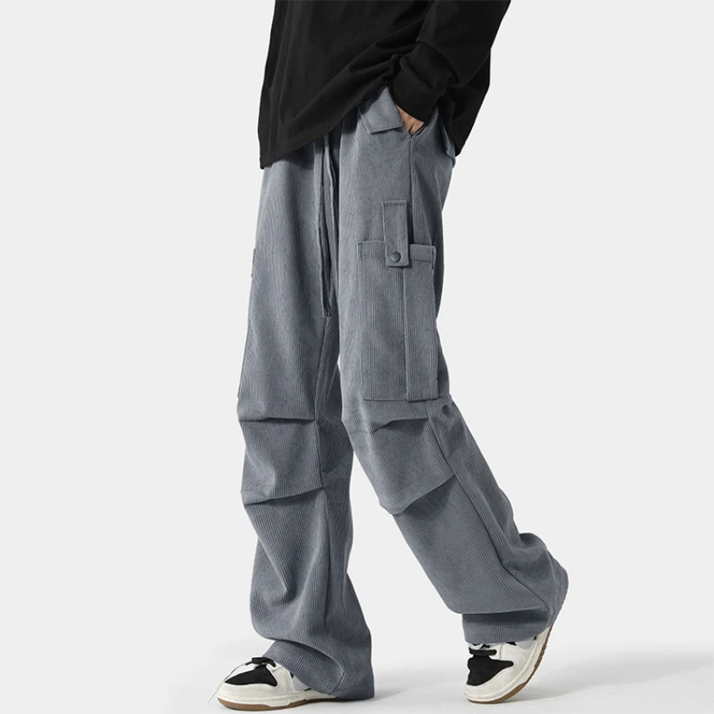 Casual Handsome Pants for Men Designed Full-length Wrinkled High Street Pockets American Style Spring Fitness Trendy Straight