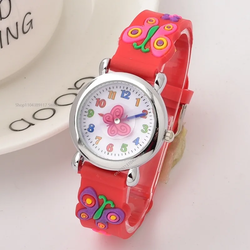 Watch for Kids 3D Cartoon Butterfly Rubber Quartz Wristwatch Student Girls Colourful Cute Watches Boys Gift Clock Reloj Niño