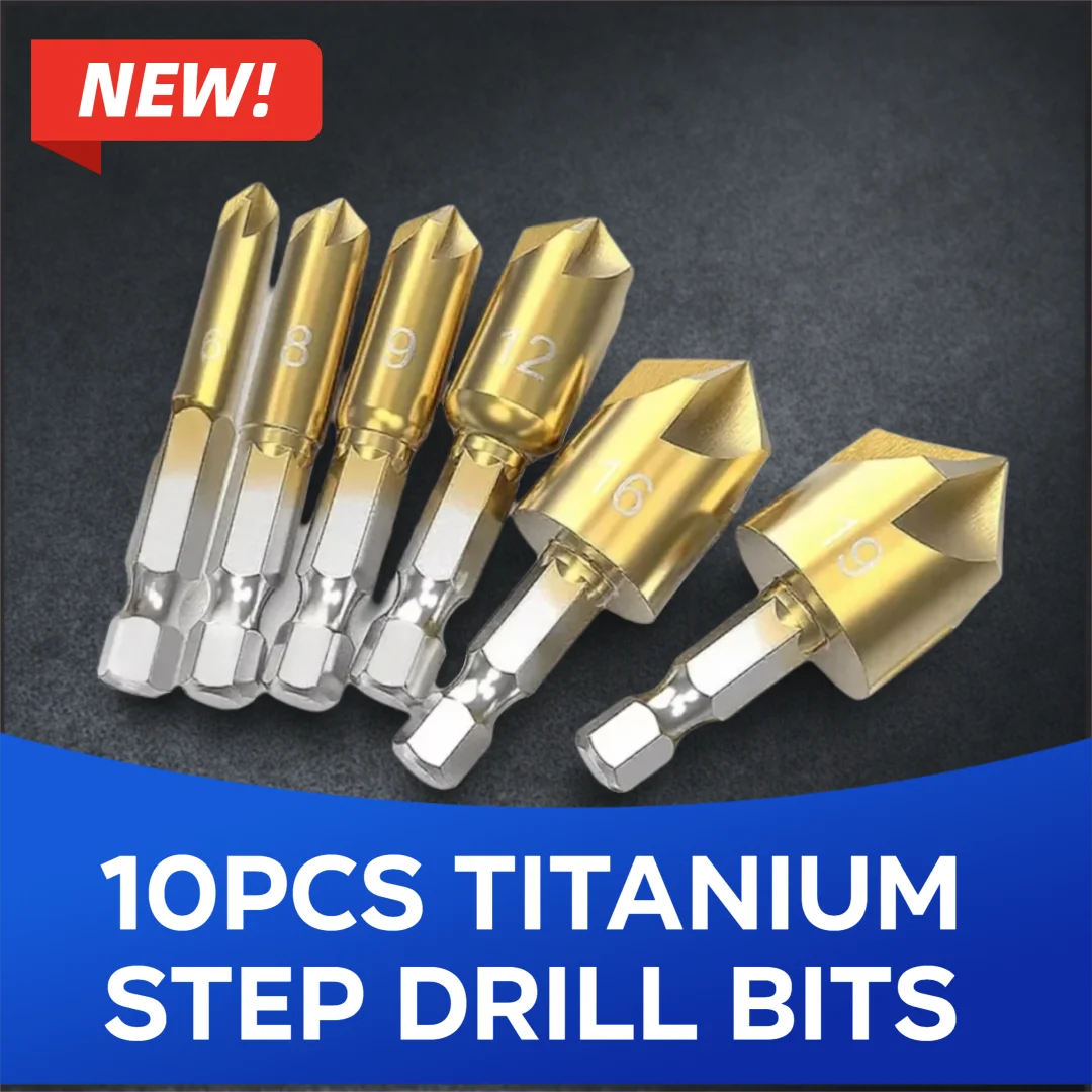 

10Pcs Titanium Plated Step Drill Bits Set 5 Flute Woodworking Chamfering Pagoda Hole Drilling Tools