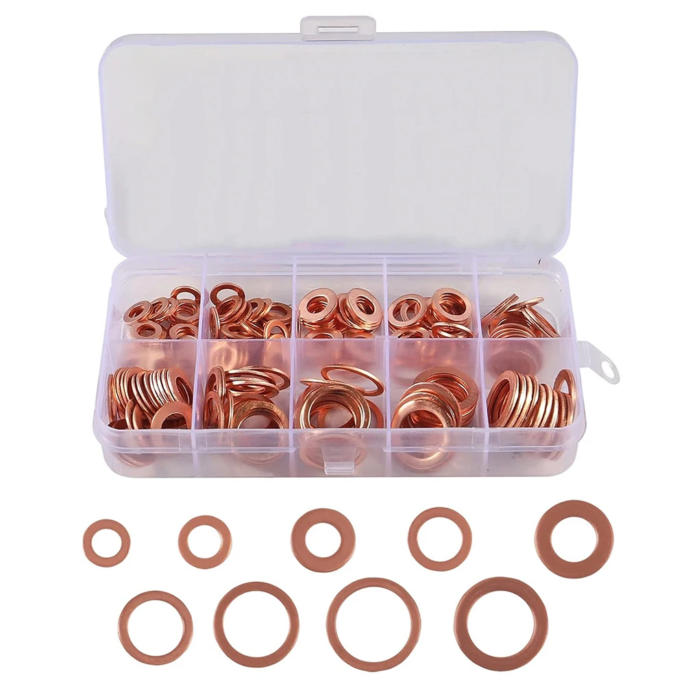 

Copper Flat Washers 13x7x2cm Copper Washer Gasket Set Flat Ring Seal Assortment Kit Fasteners Washers With Box For Sump