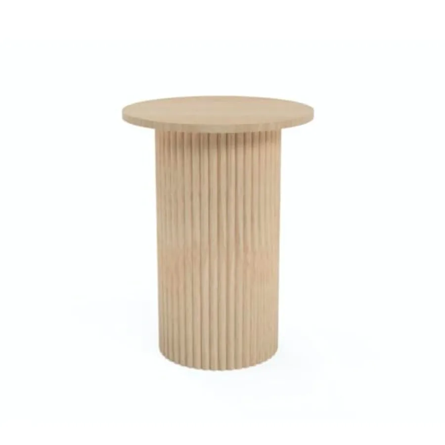 

Round-Fluted-Accent-Table-V2-Natural-Oak for living room use, solid natural oak wood, warm light brown tone, hand-carved fluted