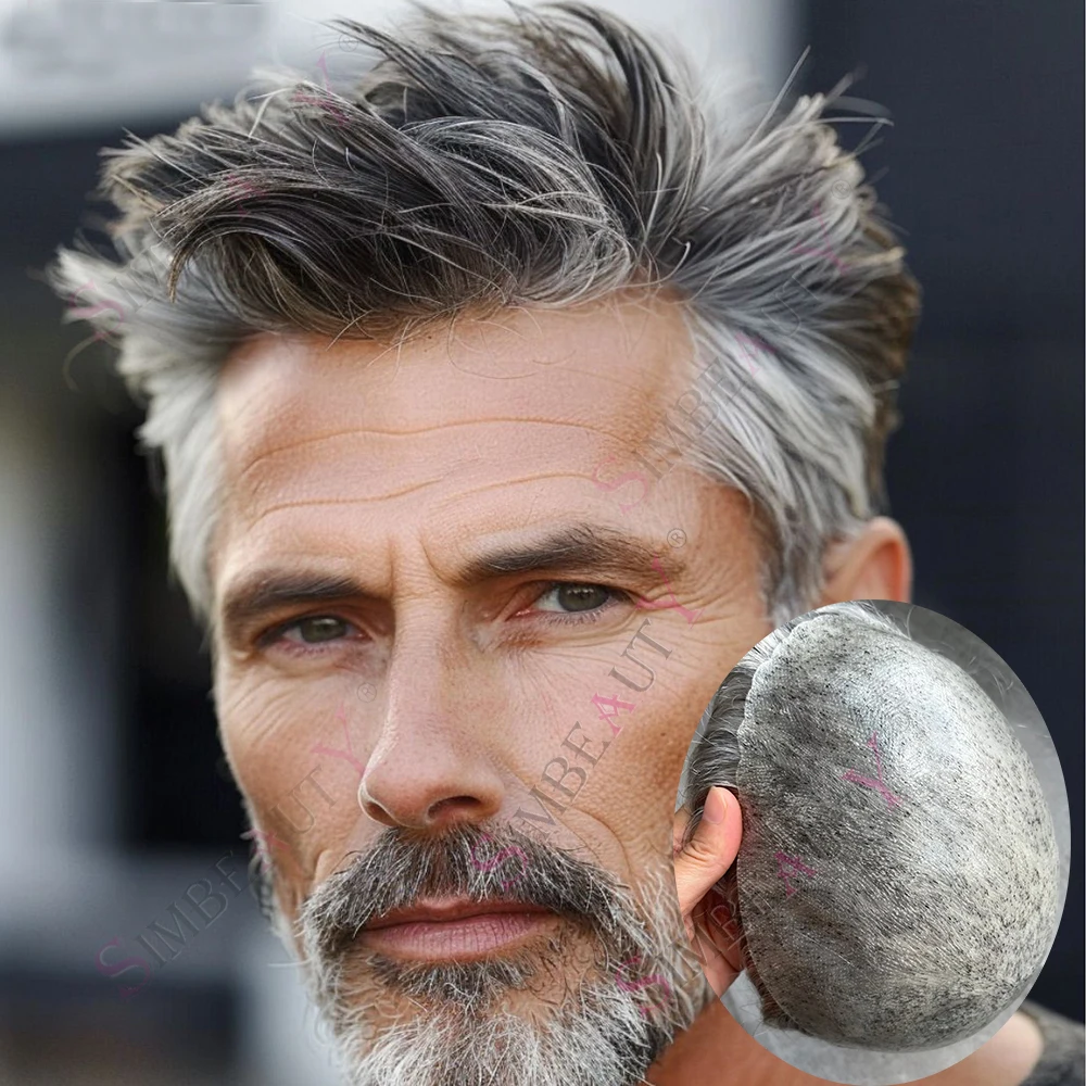 Super Durable Grey 30mm Wavy Men's Human Hair Capillary Prosthesis Brown Hair System Top Quality Cheapest HD Silicon Male Toupee
