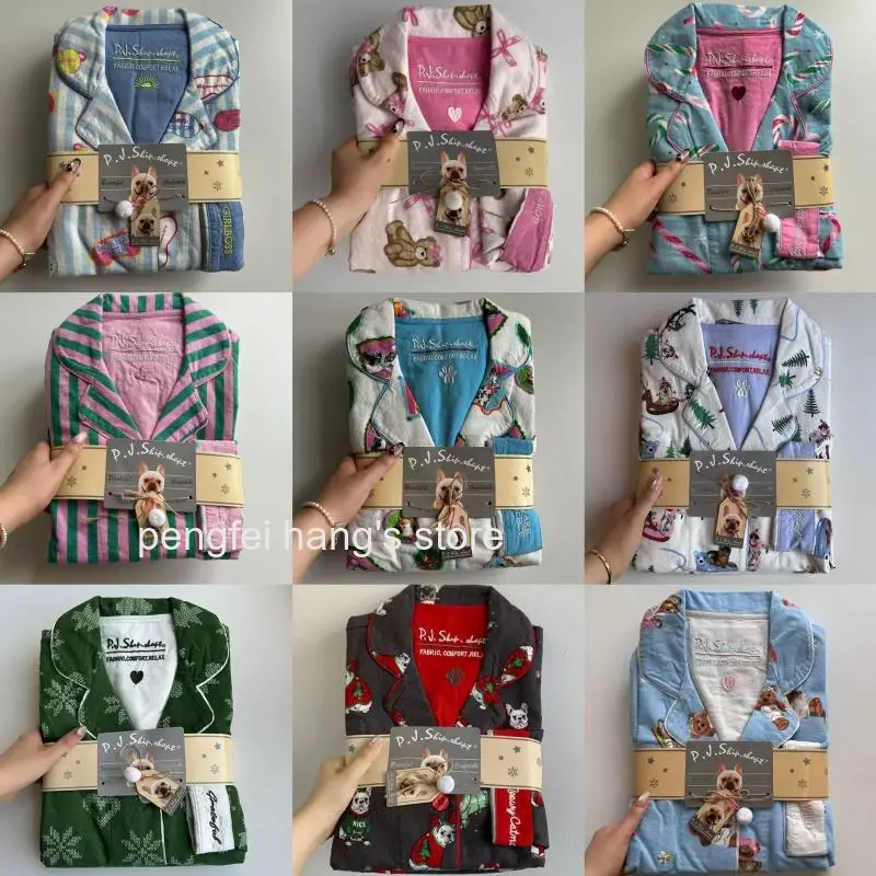 Spring Autumn Long Sleeve Top & Long Pants 2Pcs Home Loungewear Women 100% Brushed Cotton Pajama Set, Cute Cartoon Print