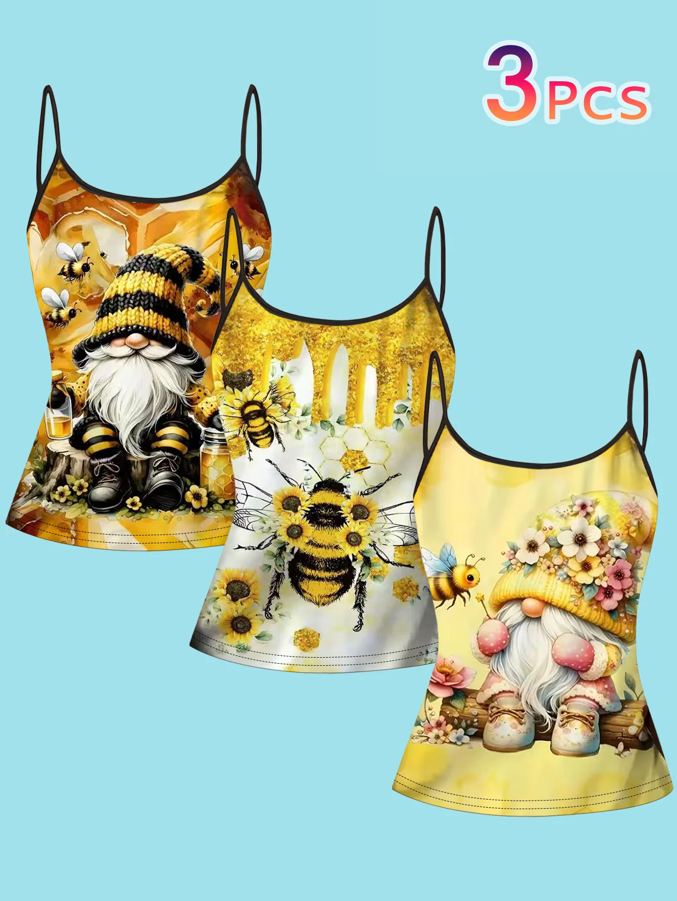 3-Piece Set of Women's Summer Thin Camisole Tops with Bee and Fairy Garden Print, Slim Fit, Can Be Worn as an Inner Layer or Outerwear