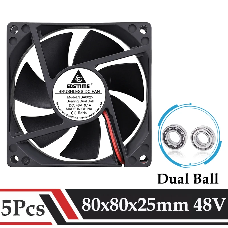 5Pcs Gdstime DC 48V Axial Brushless Fan 80x25MM Dual Ball Bearing Laptop Base Cooling Fan 80MM 8025 PC Computer Case CPU Cooler