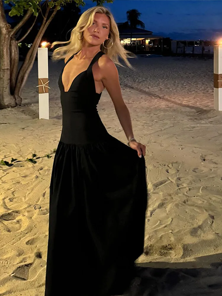 Women Elegant Black V Neck Fold Sling Dress Fashion Sleeveless Backless Low-waisted Long Dresses 2025 Lady New Beach Chic Robes