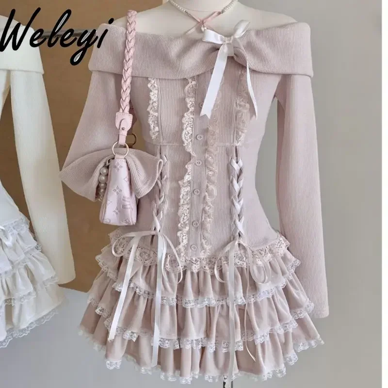 Sweet Girl Gentle Knitted Suit Autumn and Winter New Japanese Cute Women's Slash Neck Knitting Top Short Cake Skirt 2-pieces Set