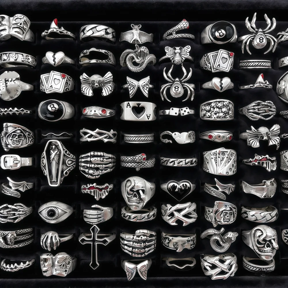 10/20/30/50/100Pieces Vintage Punk Skull Eye Rings Set For Women Men Mix Style Hip Hop Finger Ring Jewelry Party Gift