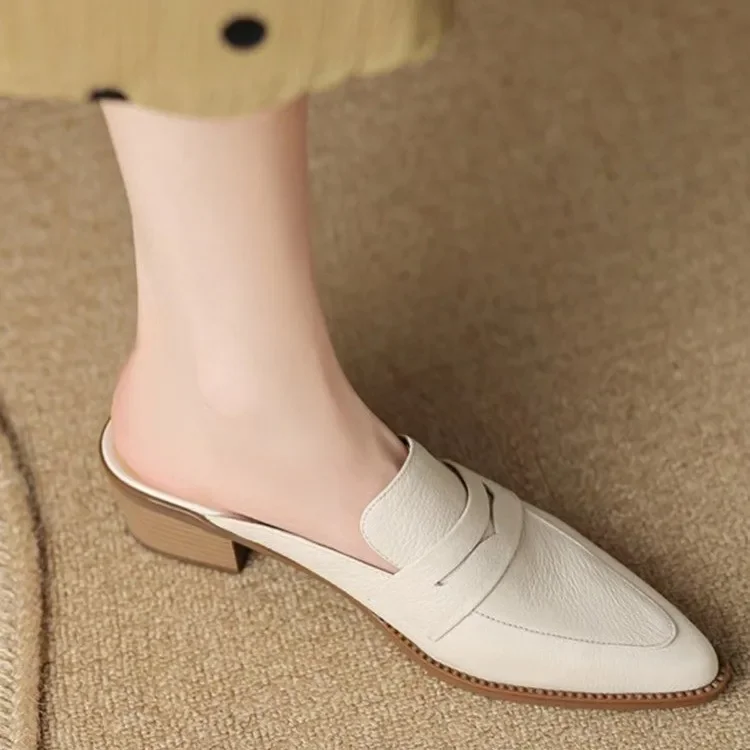 Sandales pointues en cuir véritable pour femmes, mules à talons épais, pantoufles solides, concis modernes, été