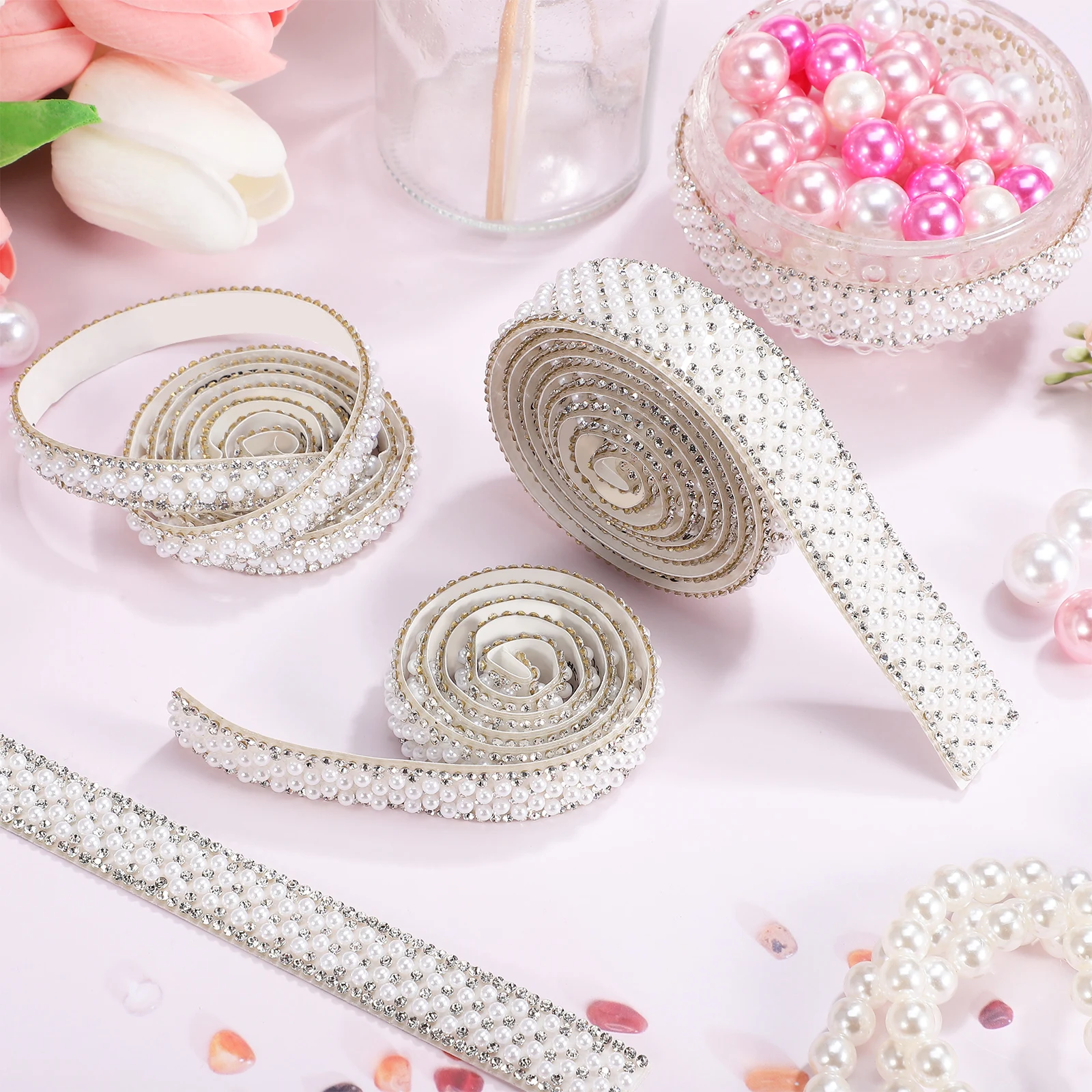 

3 pcs Rhinestone Ribbons Pearl Trim Self-Adhesive Decorative Strips Sparkling Rhinestone Tape For Wedding Bags Clothing Beaded