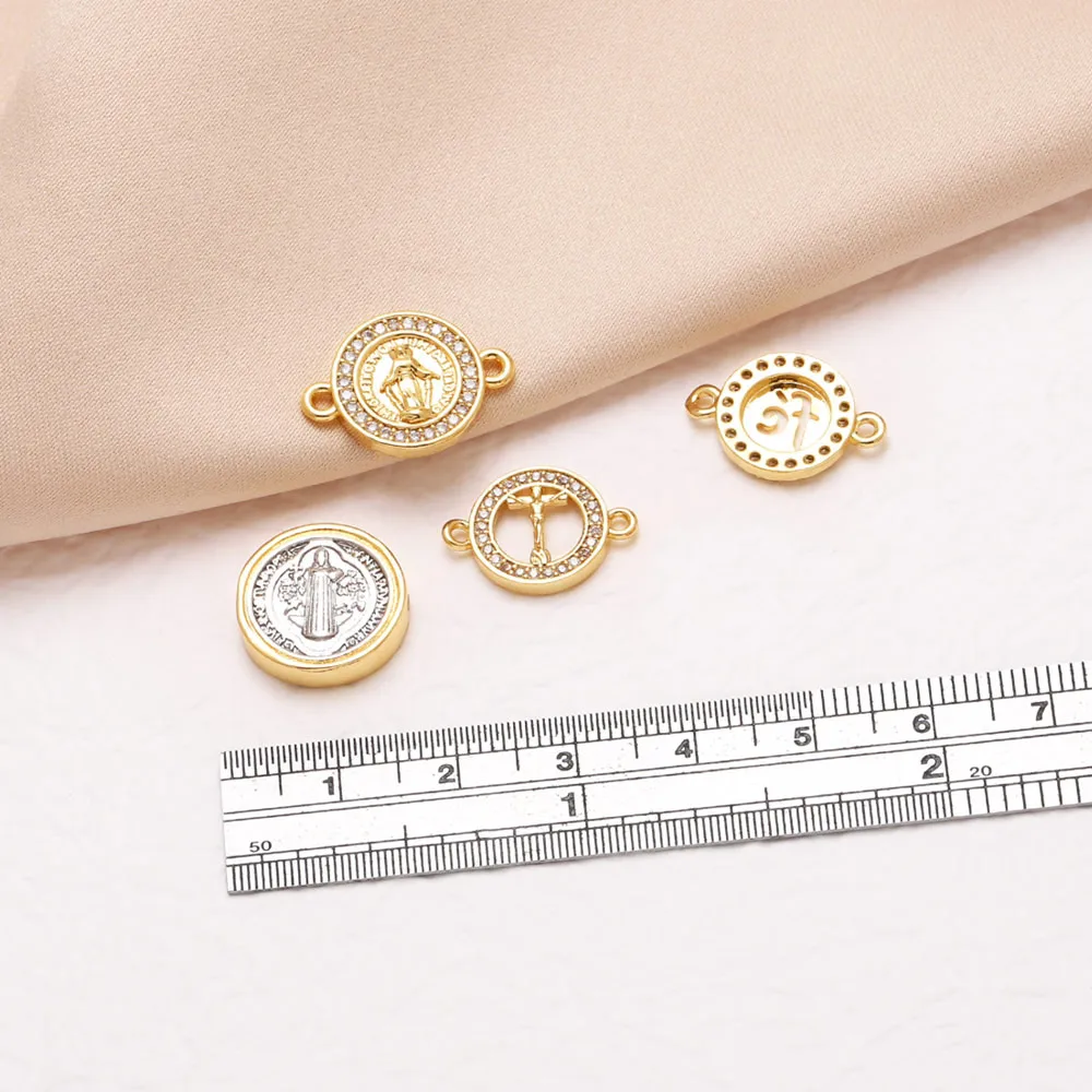 OCESRIO white Crystal Virgin Mary Round Charms for Bracelet Copper Gold Plated FE Cross Handmade Keychain Purse Charm chma458