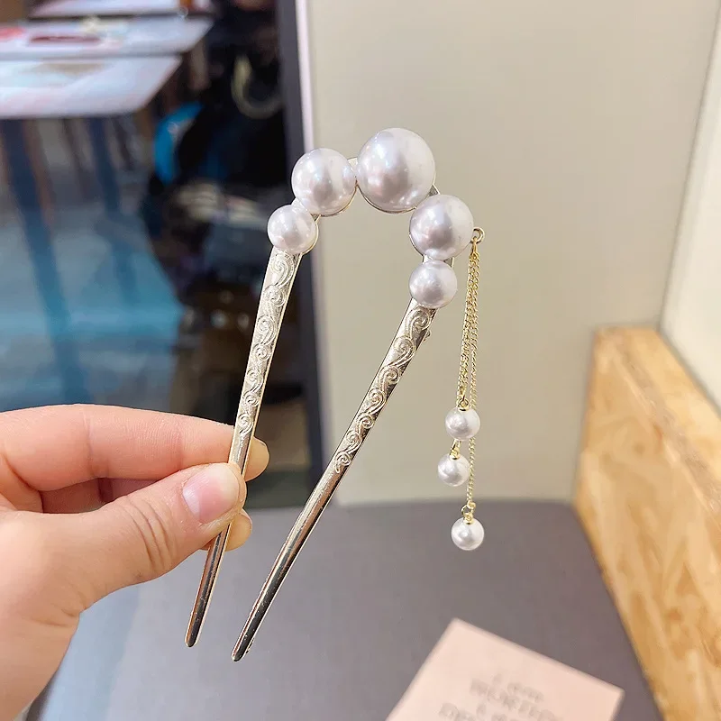 New Retro Temperament Pearl U-shaped Hairpin Pill Head Plate Hair Ware Hairpin Hairpin Headwear Wholesale