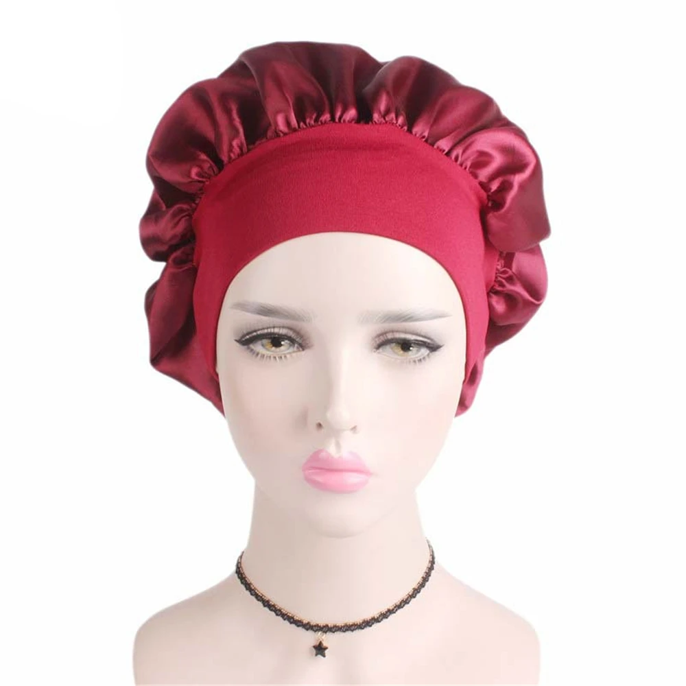 New Women's Satin Solid Wide-brimmed Sleeping Hat Unisex Head Wrap Elastic Band Cap Hair Care Bonnet Night Hat Bonnet De Nuit