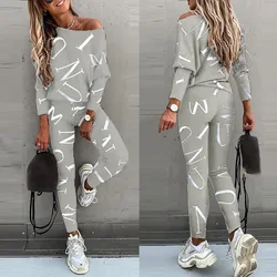 Spring Autumn Fashion One Shoulder Long Sleeve Pure Cotton Printing Letter Women's Clothing Korean Trend Bound Feet Pant Suits